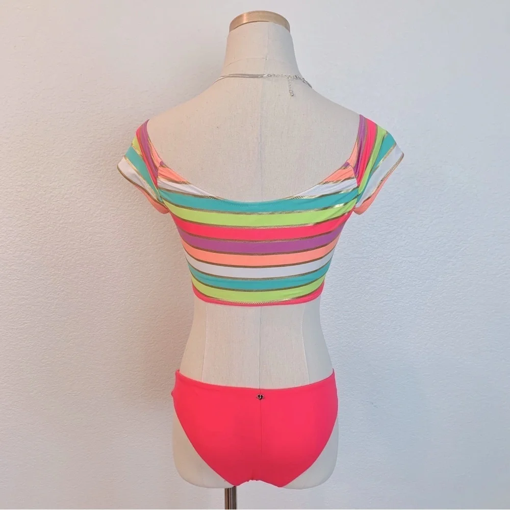 🌞 NWOT VS 2-Piece Set Rainbow Soiree Foil Gold Stripe Off-Shoulder Swimsuit